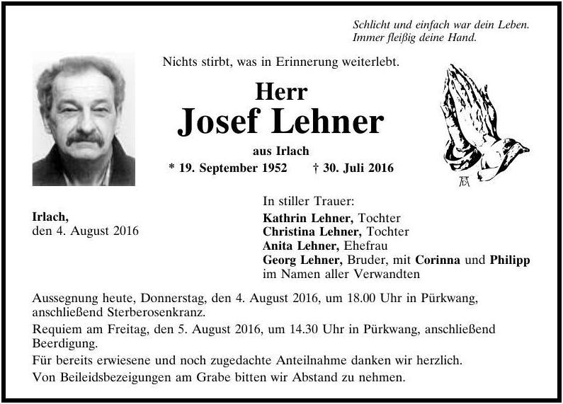 Todesanzeige Lehner Sepp